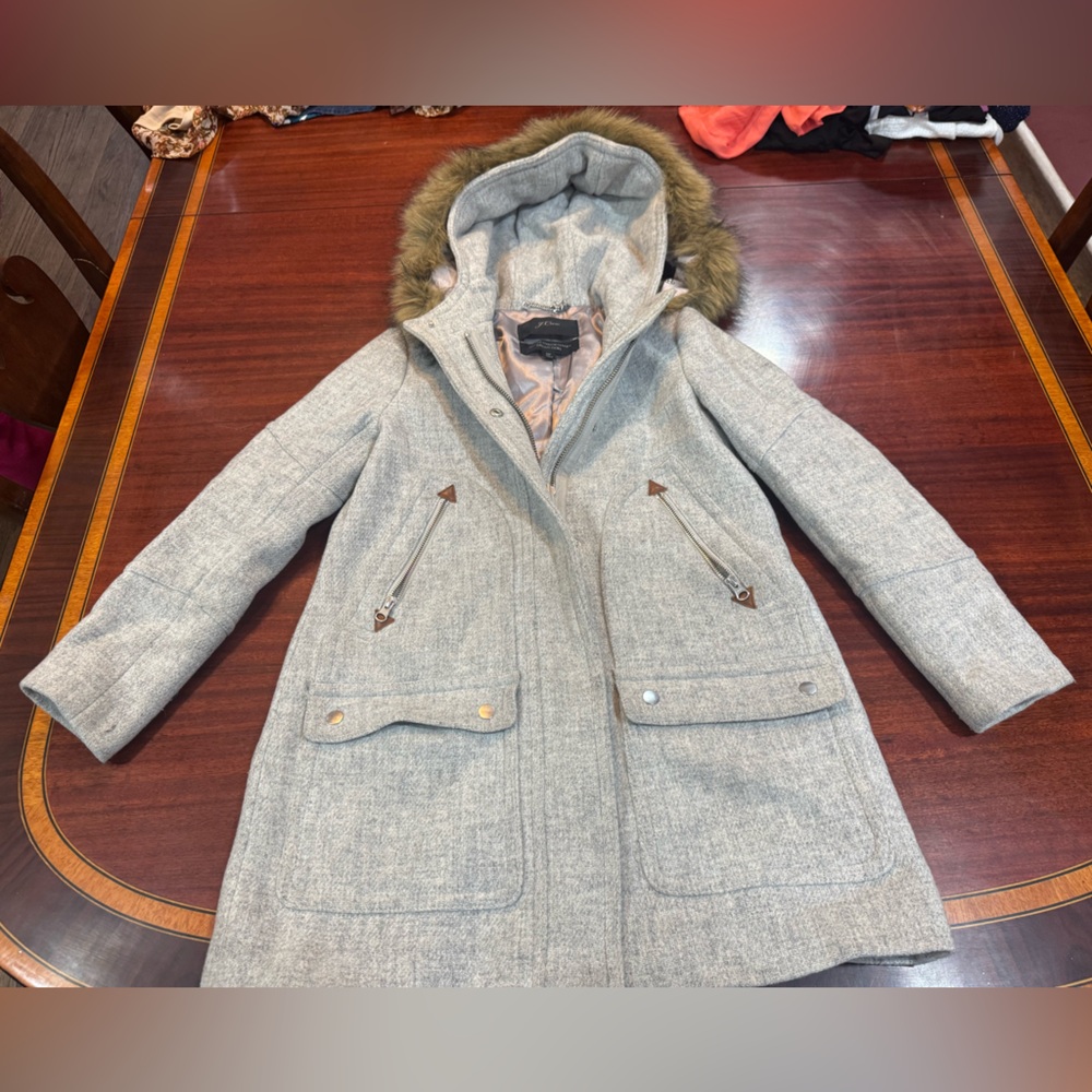 J. Crew Gray Hooded Ski Jacket with Faux Fur Trim
